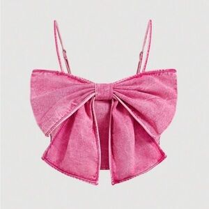 Pink Denim Jean Bow Crop Top Adjustable Shoulder Straps